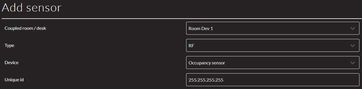Add Sensor menu in GoBright portal after choosing sensors and connects. RF occupancy sensor as device and add unique Id