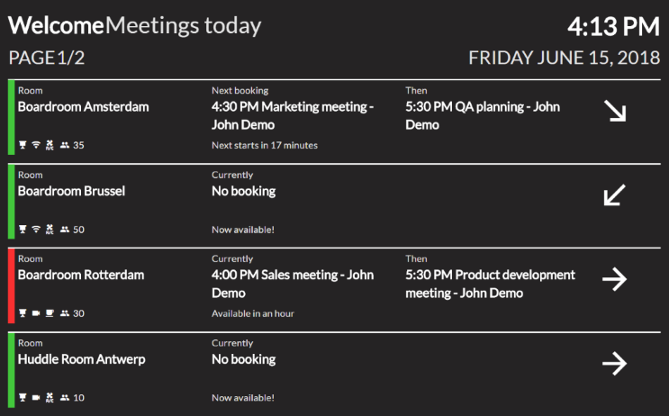 row view of display with wayfinder showing meetings for today with specifications