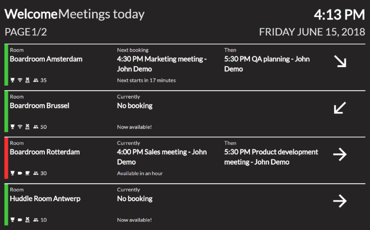 rijweergave van display met wayfinder die vergaderingen voor vandaag toont met specificaties