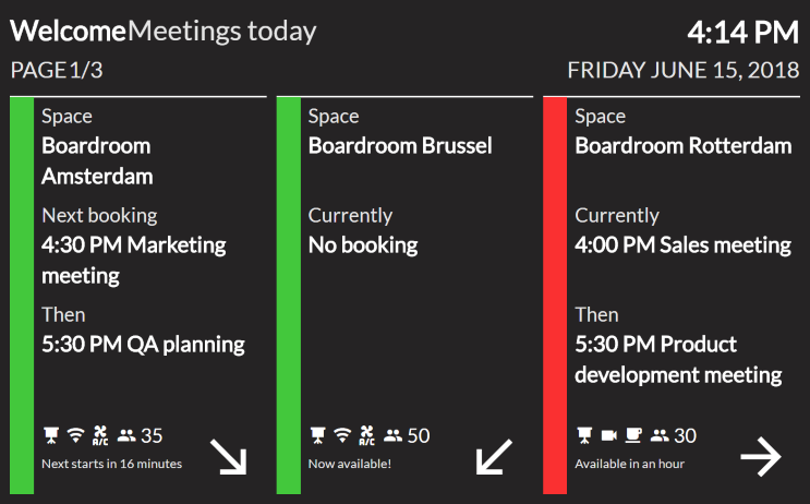 blocks view of display with wayfinder showing meetings for today with specifications