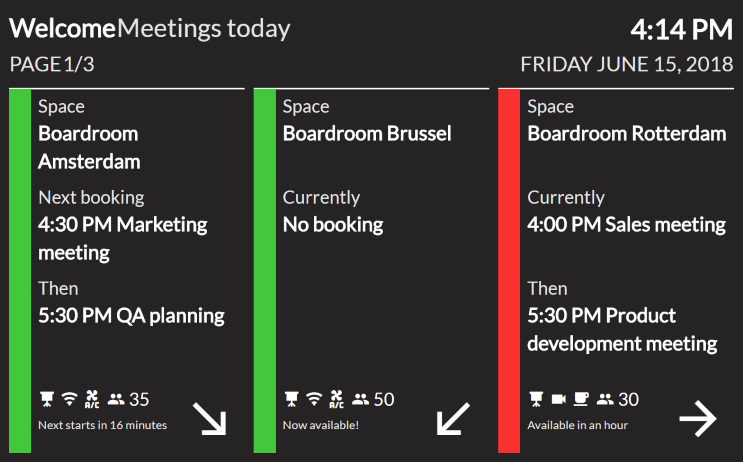 blokkenweergave van display met wayfinder die bijeenkomsten voor vandaag toont met specificaties