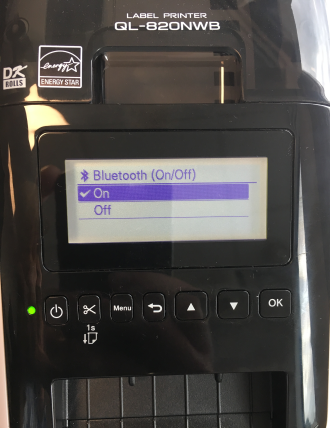 Brother Bluetooth label printer with option 'On' selected