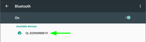 Bluetooth settings in Brother label printer with arrow pointing at available device