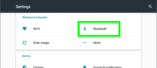 Settings in Android with 'Bluetooth' highlighted