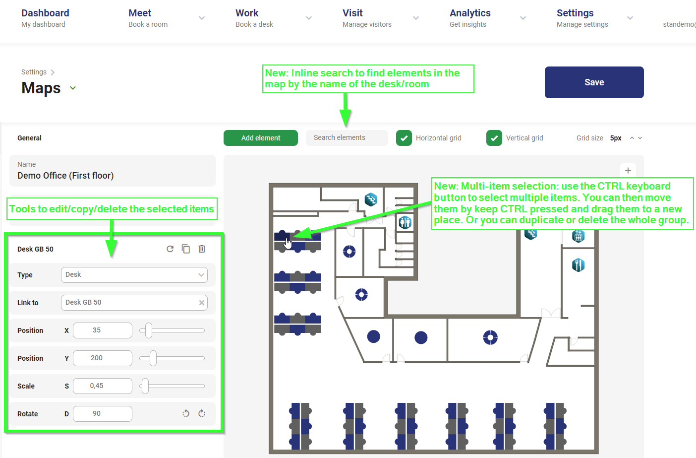 Screenshot of new improved map editor with options such as search elements, adaptation tools and multi-item selection