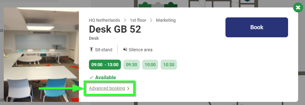 Screenshot van de optie "geavanceerde boeking