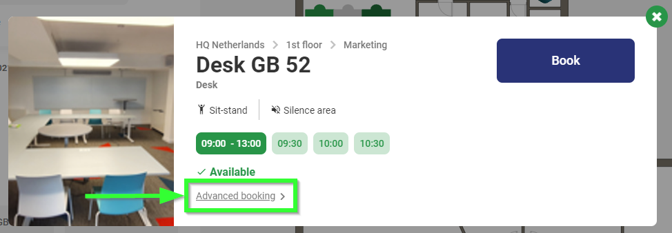 Screenshot of 'advanced booking' option