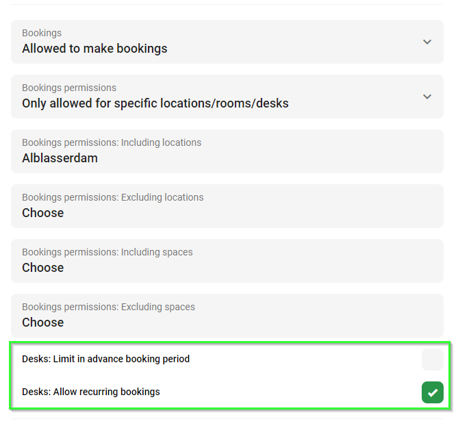 added options of desk limits and recurring bookings