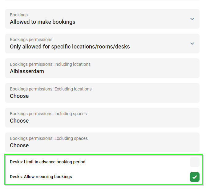 zusätzliche Optionen für Schreibtischlimits und wiederkehrende Buchungen