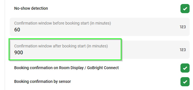 Bestätigungsfenster nach Buchungsbeginn auf 900 Minuten festgelegt