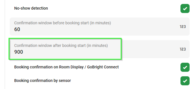 confirmation window after booking start set at 900 minutes