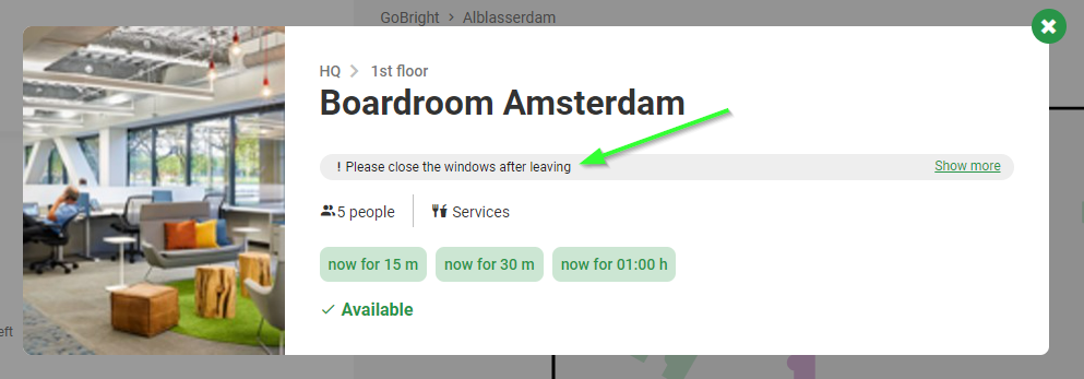 booking instructions are now visible in the new portal for room and desk bookings