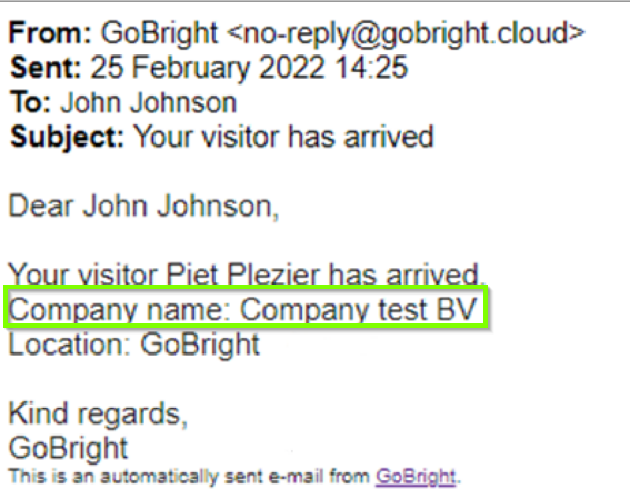 Notification e-mail with company name included