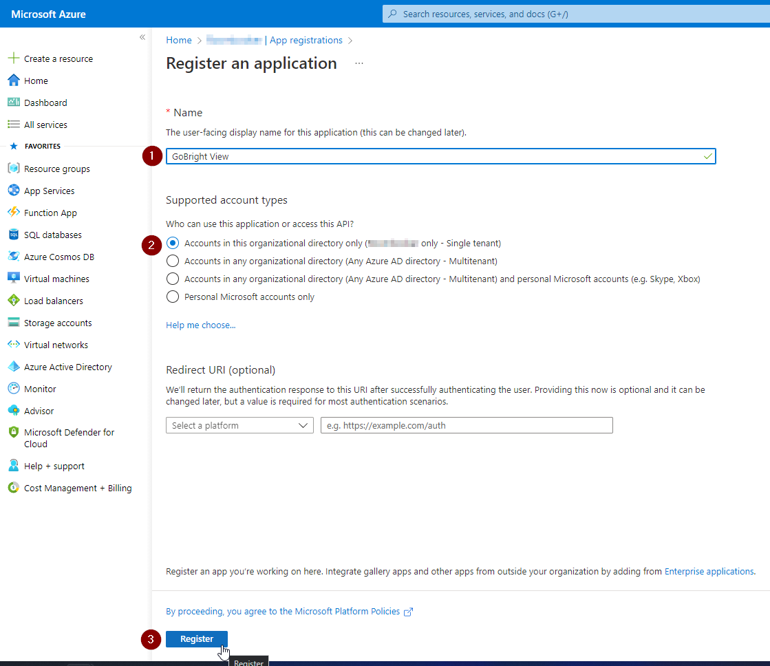  'Register' button in Microsoft AzureAD